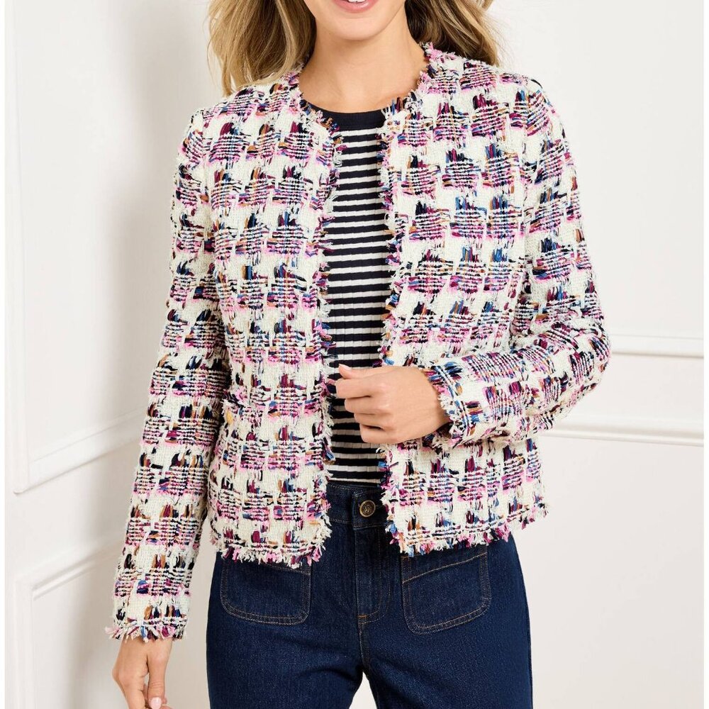 Talbots collarless tweed jacket texture colorful cropped blazer classic tailored